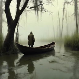 Generate an image of a man arriving at a swamp in a sailboat