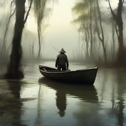 Generate an image of a man arriving at a swamp in a sailboat