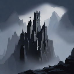 On a dark and rocky mountain, a dark castle with large towers and a small, zigzagging path through the mountain, shrouded in dark mist