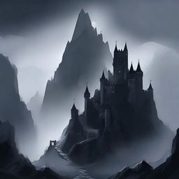 On a dark and rocky mountain, a dark castle with large towers and a small, zigzagging path through the mountain, shrouded in dark mist