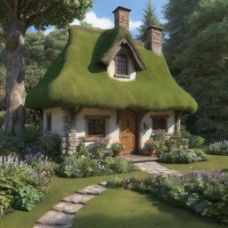 A realistic, charming cottage in a tranquil forest setting, akin to Snow White's abode, with vibrant detail and fairy-tale ambiance.