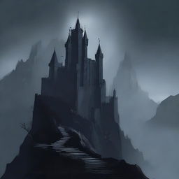 On a dark and rocky mountain, a dark castle with large towers and a small, zigzagging path through the mountain, shrouded in dark mist