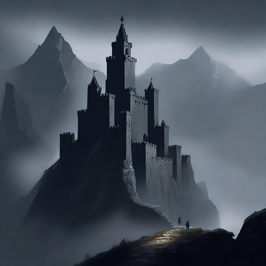 On a dark and rocky mountain, a dark castle with large towers and a small, zigzagging path through the mountain, shrouded in dark mist