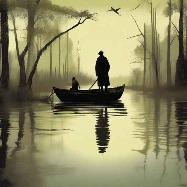 Create an image of a man arriving at a swamp in a sailboat