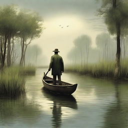 Create an image of a man arriving at a swamp in a sailboat