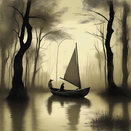 Create an image of a man arriving at a swamp in a sailboat