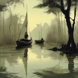 Create an image of a man arriving at a swamp in a sailboat