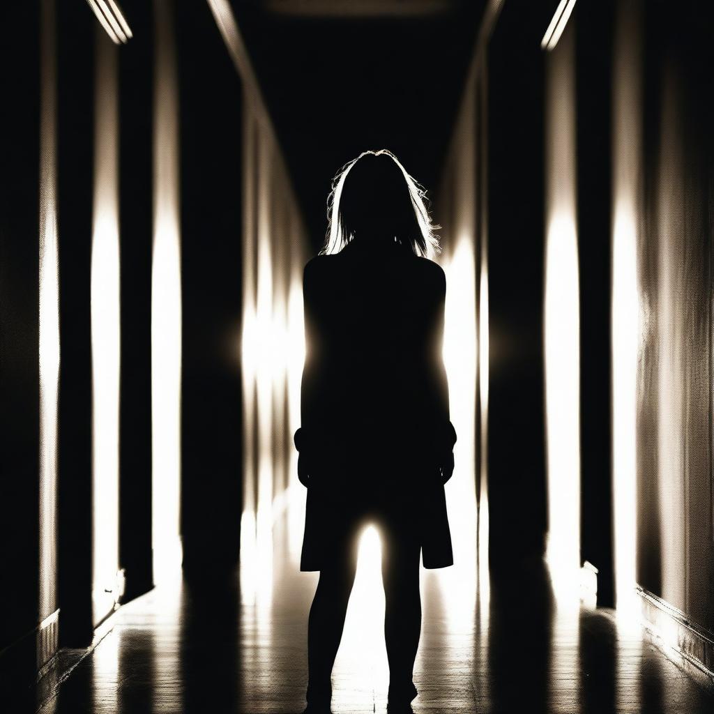 A fair-haired woman stands at the end of a long, dark hallway