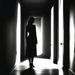 A fair-haired woman stands at the end of a long, dark hallway