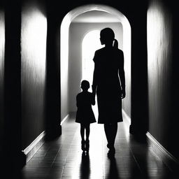 A fair-haired woman stands at the end of a long, dark hallway