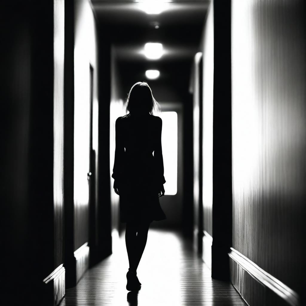 A fair-haired woman stands at the end of a long, dark hallway