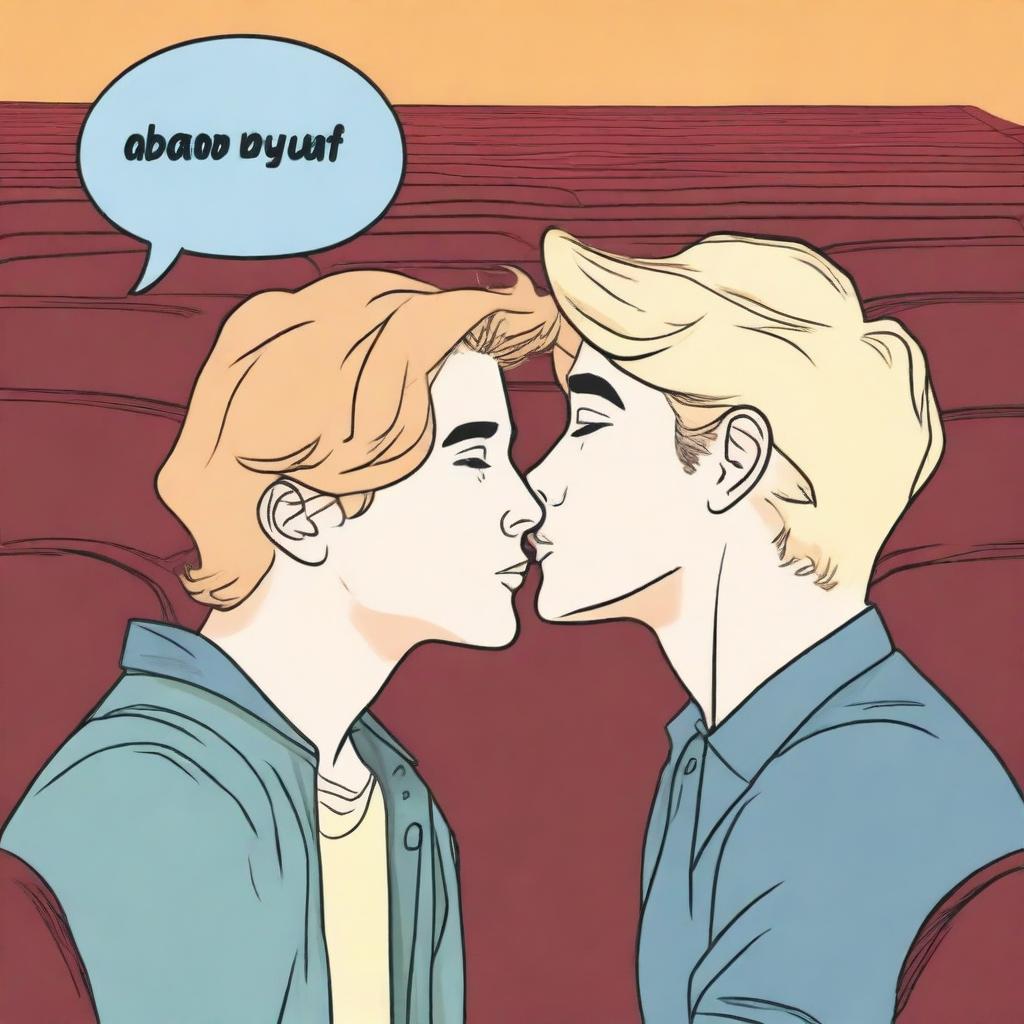 Create an image of a blonde-haired guy and a brown-haired girl kissing in a theater