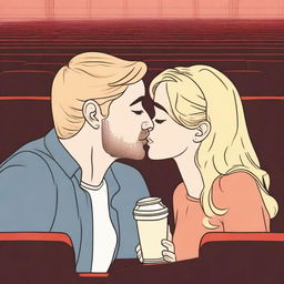 Create an image of a blonde-haired guy and a brown-haired girl kissing in a theater