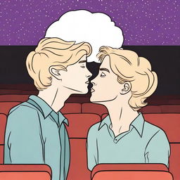 Create an image of a blonde-haired guy and a brown-haired girl kissing in a theater