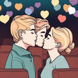 Create an image of a blonde-haired guy and a brown-haired girl kissing in a theater