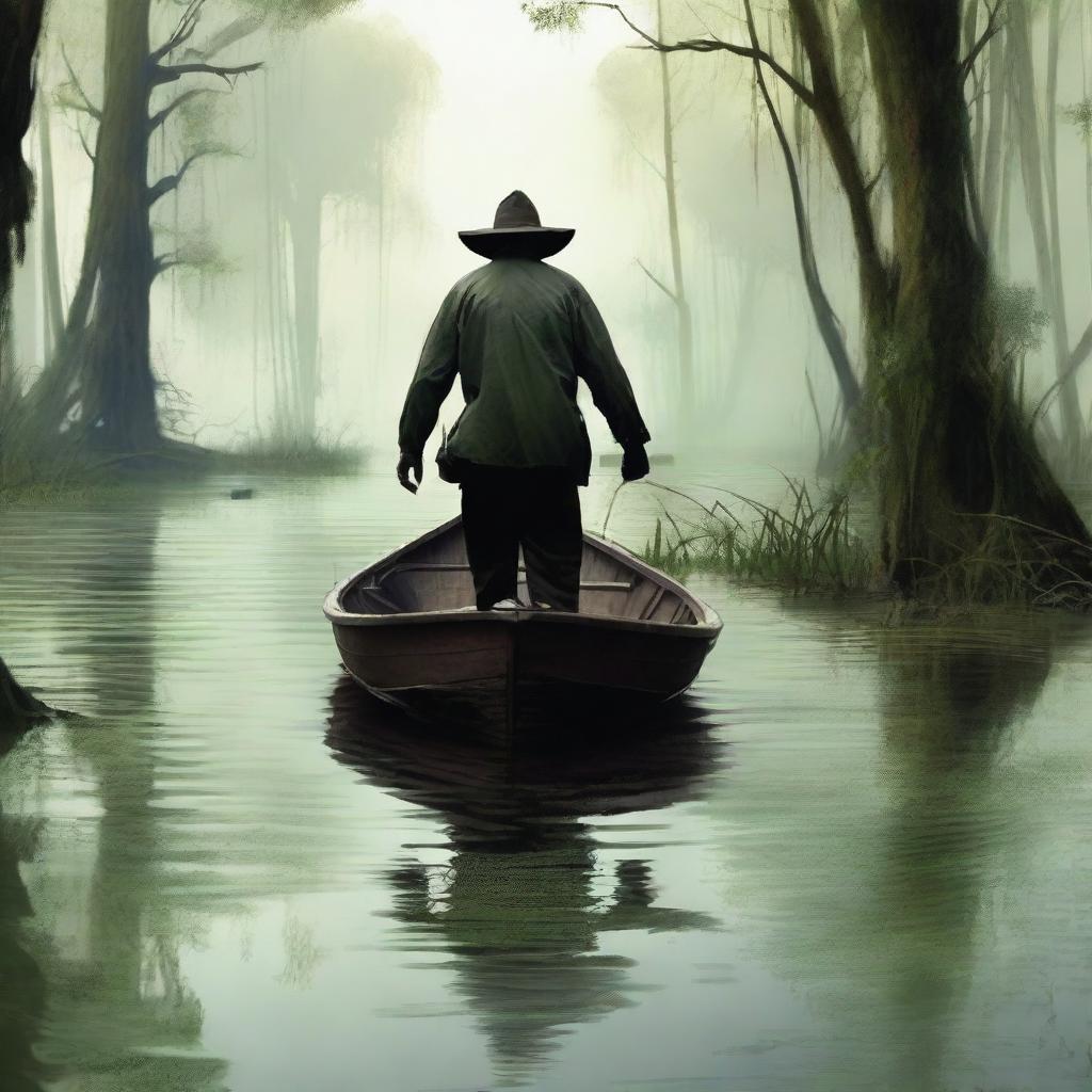 Generate an image of a man arriving at a swamp in a boat