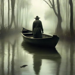 Generate an image of a man arriving at a swamp in a boat