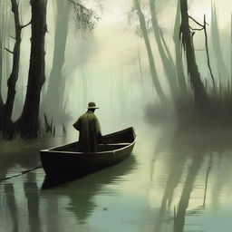 Generate an image of a man arriving at a swamp in a boat