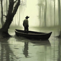 Generate an image of a man arriving at a swamp in a boat