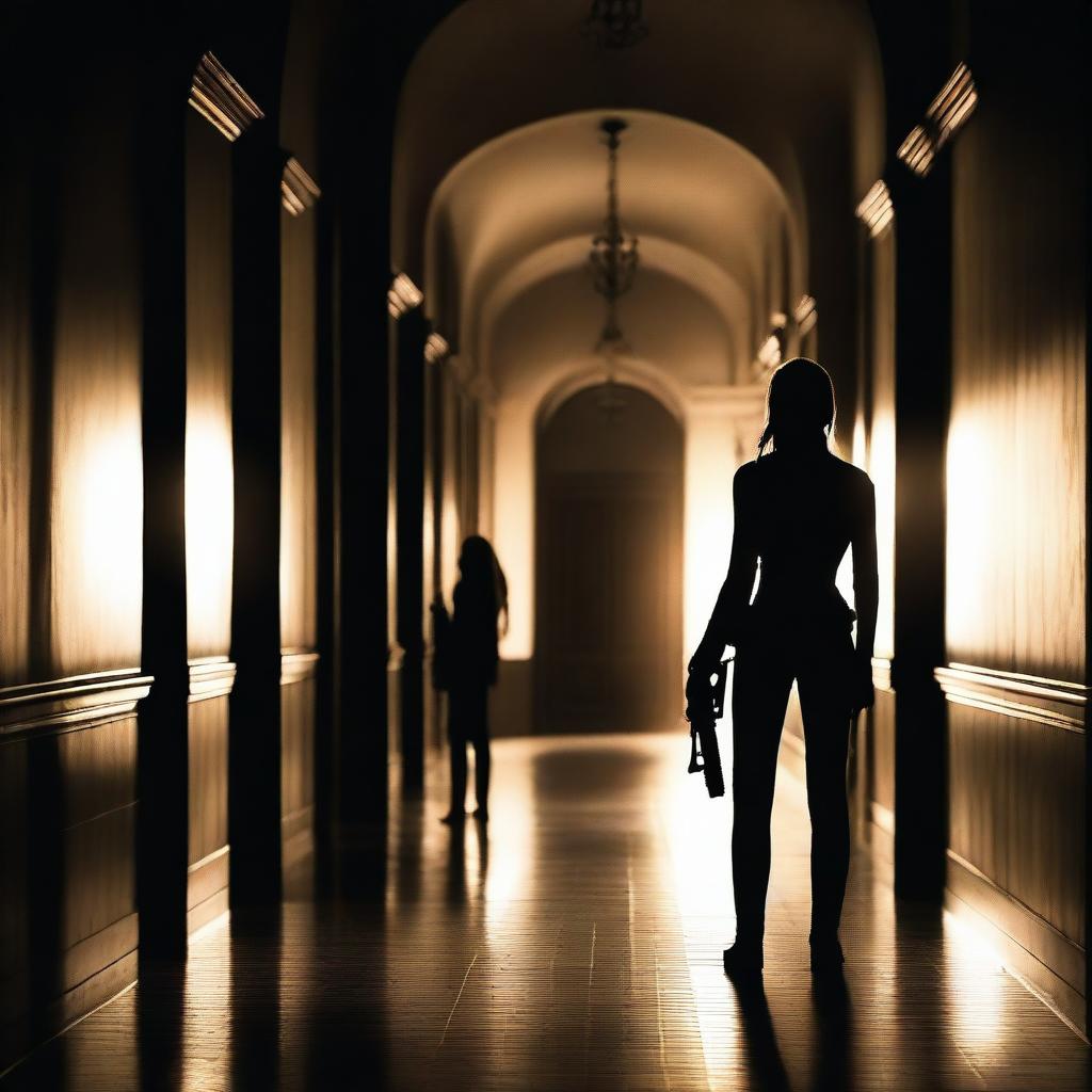 A fair-haired woman stands at the end of a long, dark hallway