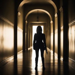 A fair-haired woman stands at the end of a long, dark hallway