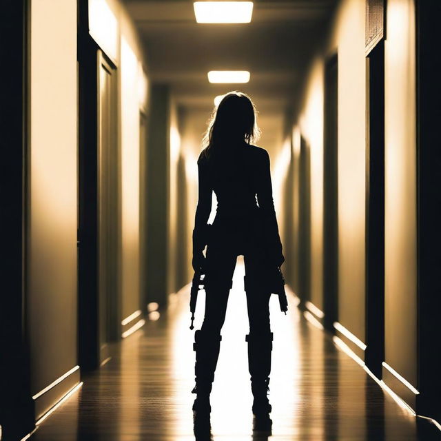 A fair-haired woman stands at the end of a long, dark hallway