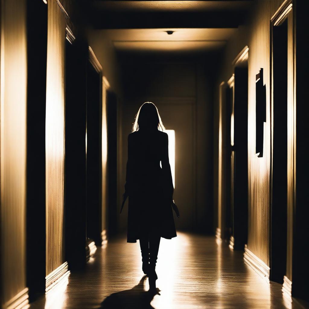 A fair-haired woman stands at the end of a long, dark hallway