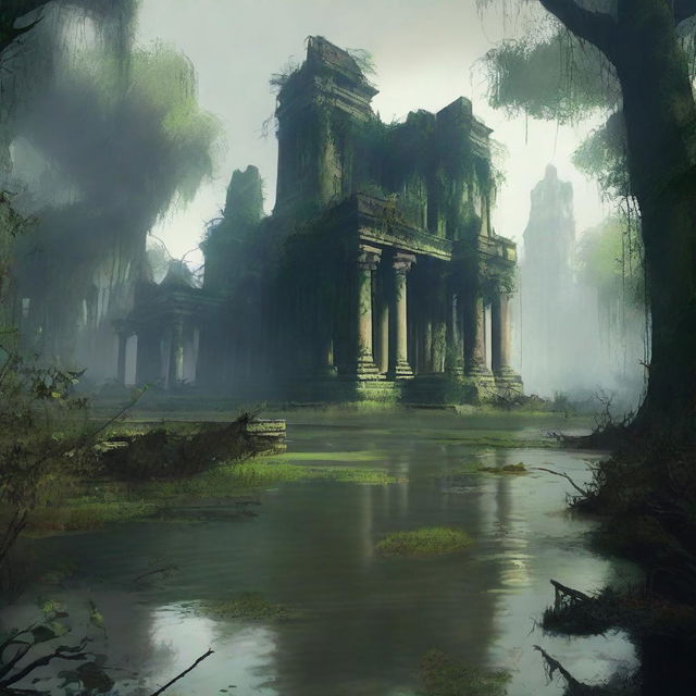 Generate an image of a lost city in the middle of a swamp