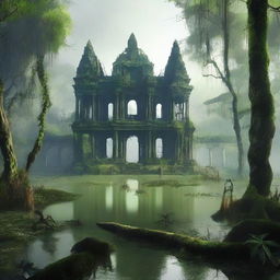 Generate an image of a lost city in the middle of a swamp