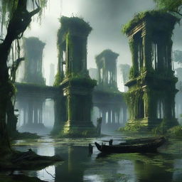 Generate an image of a lost city in the middle of a swamp