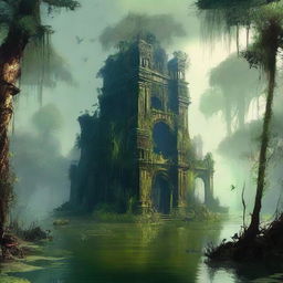 Create an image of a lost city in a swamp, surrounded by high walls