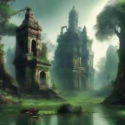 Create an image of a lost city in a swamp, surrounded by high walls