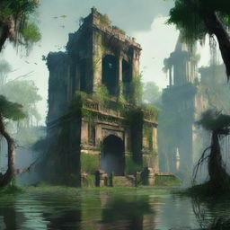 Create an image of a lost city in a swamp, surrounded by high walls