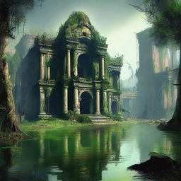 Create an image of a lost city in a swamp, surrounded by high walls