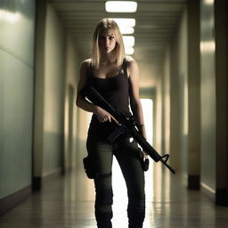 A fair-haired woman is standing at the end of a long, dark hallway