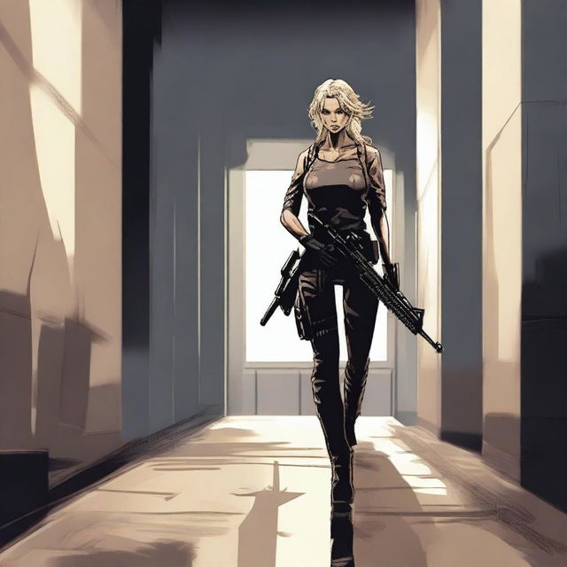 A fair-haired woman is standing at the end of a long, dark hallway