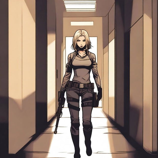 A fair-haired woman is standing at the end of a long, dark hallway