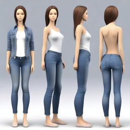 Generate an image of a girl with medium-sized features, wearing jeans, focusing on a balanced and natural figure.