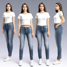 Generate an image of a girl with medium-sized features, wearing jeans, focusing on a balanced and natural figure.