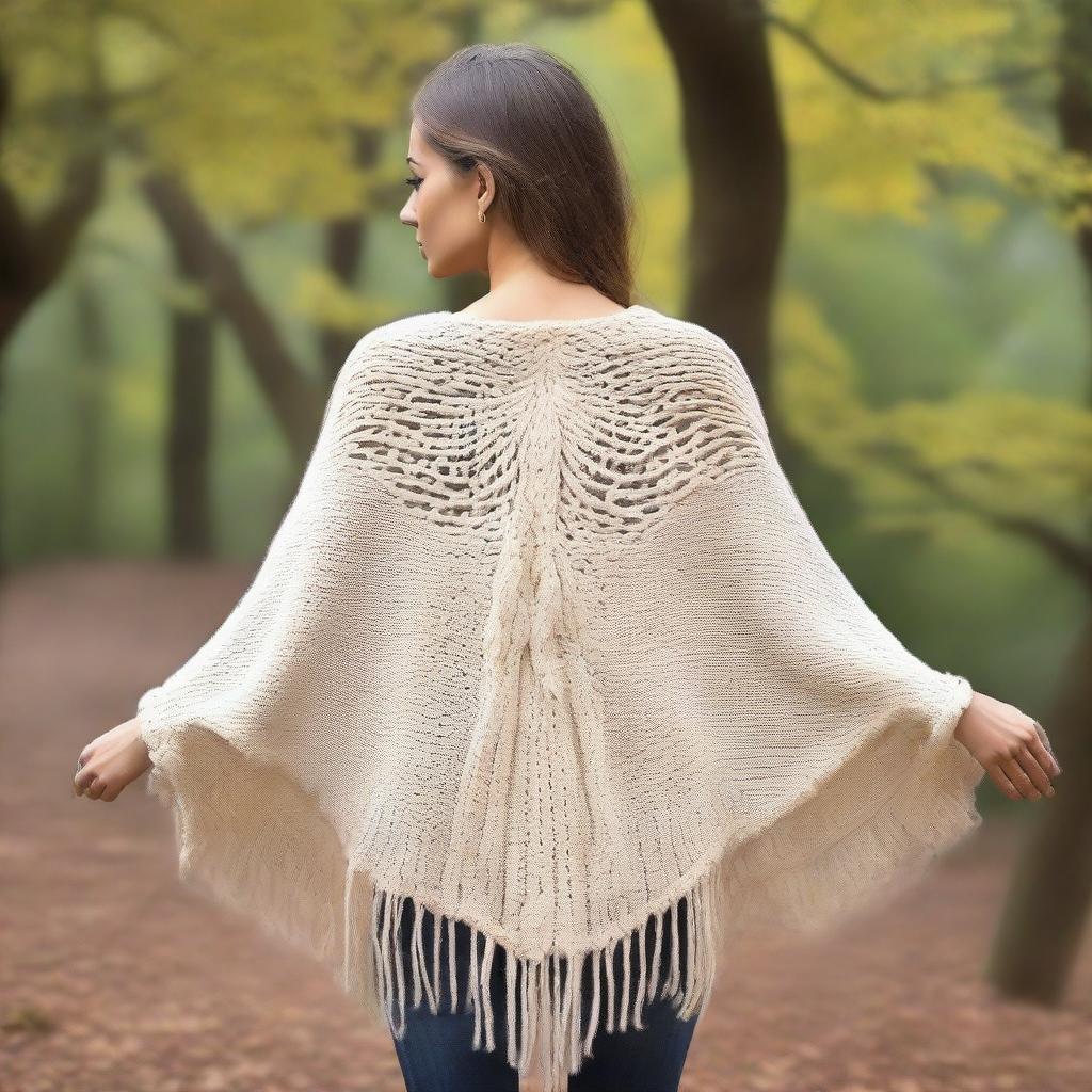 Create an image of a cocoon-like wool poncho that has angel wings spread across the back