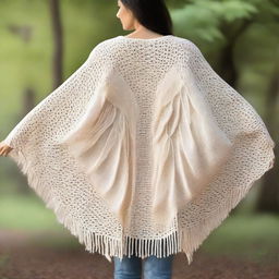 Create an image of a cocoon-like wool poncho that has angel wings spread across the back