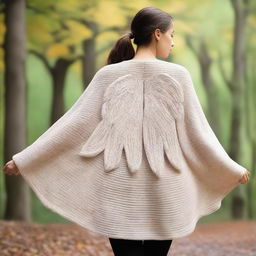 Create an image of a cocoon-like wool poncho that has angel wings spread across the back