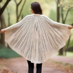 Create an image of a cocoon-like wool poncho that has angel wings spread across the back