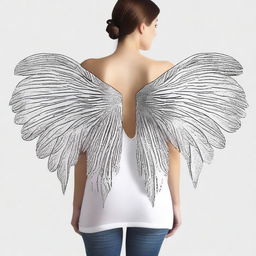 Design a T-shirt featuring a cocoon-like wool poncho with angel wings spread across the back