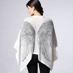 Design a T-shirt featuring a cocoon-like wool poncho with angel wings spread across the back