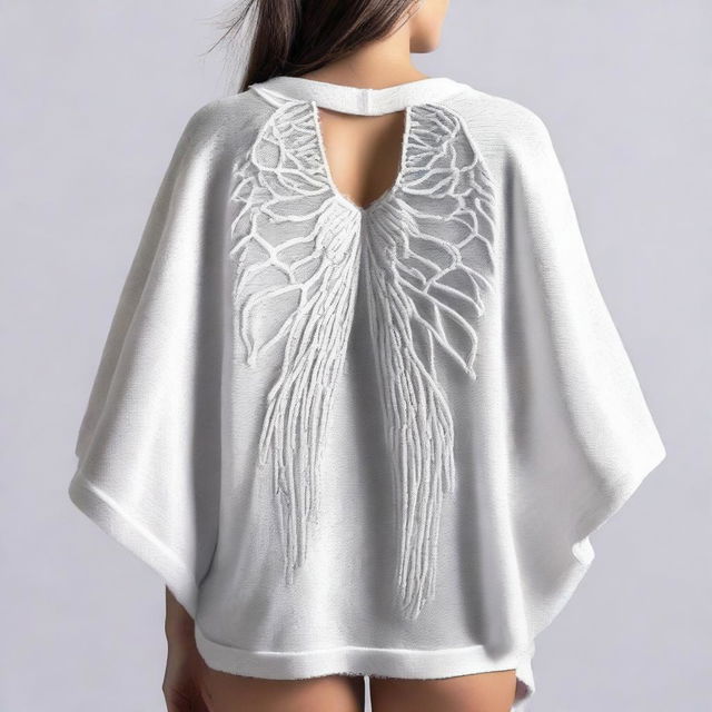 Design a T-shirt featuring a cocoon-like wool poncho with angel wings spread across the back