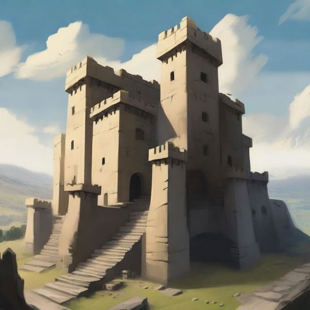 Generate an image showing a fort with four watchtowers