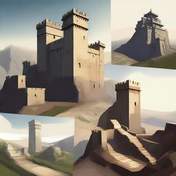 Generate an image showing a fort with four watchtowers