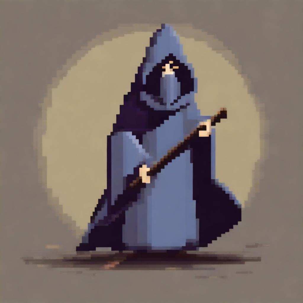 Create a pixel art image of a wizard in a hooded poncho holding a stick