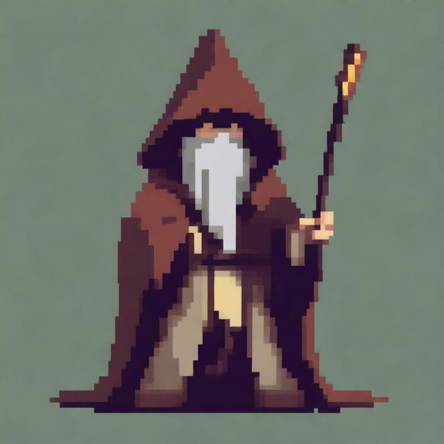 Create a pixel art image of a wizard in a hooded poncho holding a stick